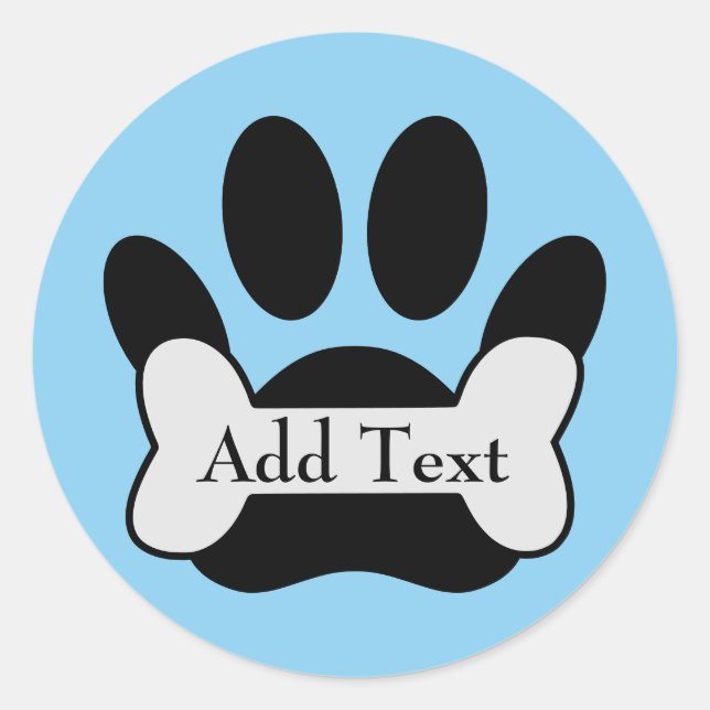 Sticker Rond Empreinte de patte de chien et os sur fond bleu bé (Devant)