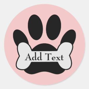 Sticker Rond Empreinte de patte de chien et os sur fond rose bé
