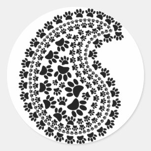 Sticker Rond Empreinte de patte noir et blanc Paisley Motif