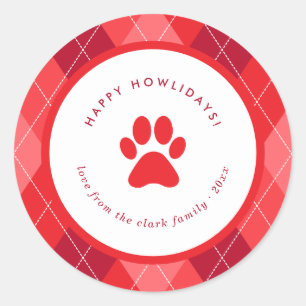 Sticker Rond Empreinte de patte rouge mignon Joyeux Howlidays N