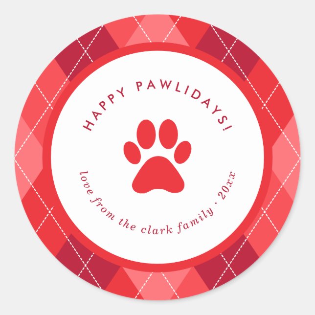 Sticker Rond Empreinte de patte rouge mignon Joyeux Pawlidays N (Devant)
