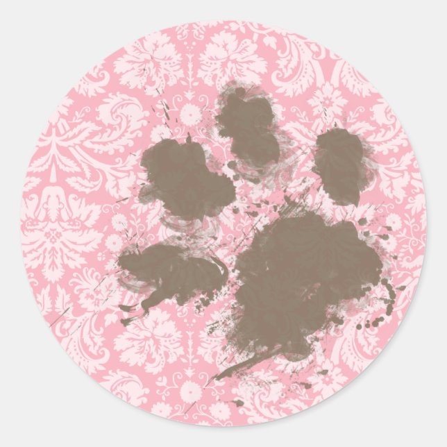 Sticker Rond Empreinte drôle sur Bubble Gum rose Damask (Devant)