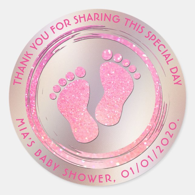 Sticker Rond Empreinte Fille bébé Baby shower brillant Favorise (Devant)