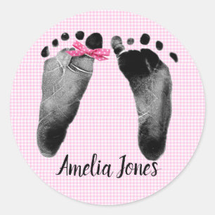 Sticker Rond Empreintes bébé avec Bow sur En vichy