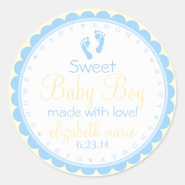 Sticker Rond Empreintes-Bleu et Baby shower Jaune (Devant)