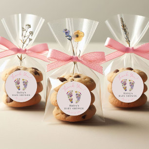 Sticker Rond Empreintes fleurs sauvages Baby shower rose Merci