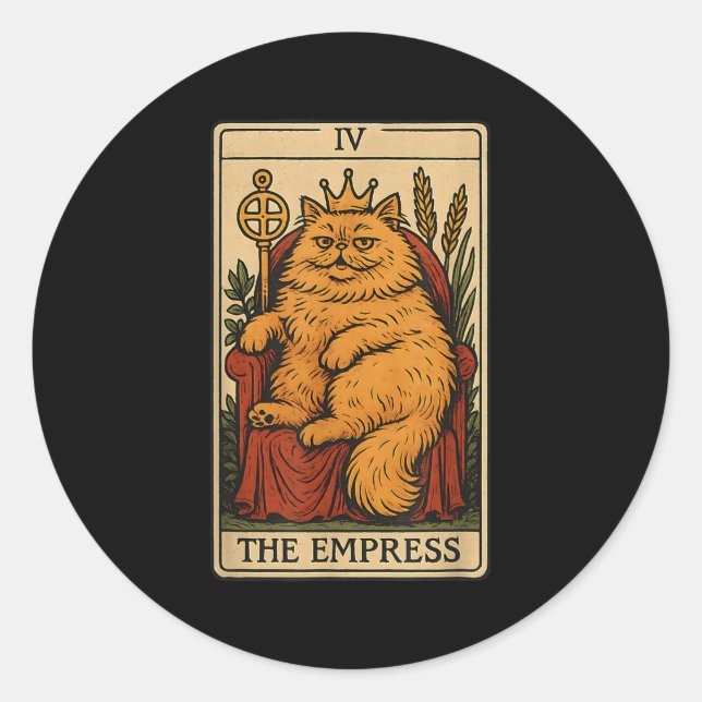 Sticker Rond Empress Cat Tarot Card Funny Witchy Mystical K (Devant)