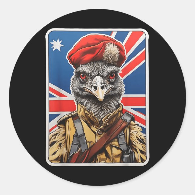Sticker Rond Emu War Hero Design - Emu In Military Uniform (Devant)