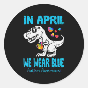 Sticker Rond En Avril Nous Portons Blue T Rex Dinosaur Autisme