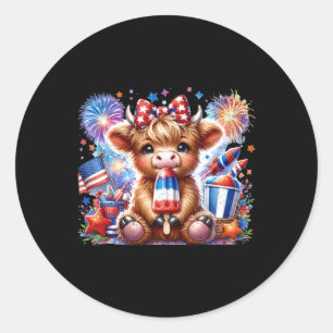 Sticker Rond En Juillet Highland Cow Popsicle Firework Usa Amér
