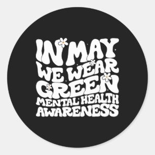 Sticker Rond En Mai Nous Portons Vert Retro Floral Santé Mental