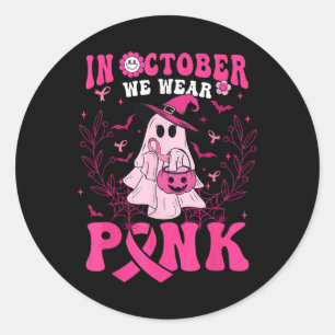 Sticker Rond En Octobre Nous Portons Chemise Rose Fantôme Hallo