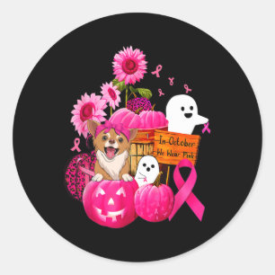 Sticker Rond En Octobre Nous Portons Pink Chihuahua Chig Cance