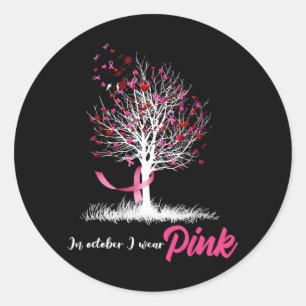 Sticker Rond En Octobre Nous Portons Pink Tree Breast Cancer Aw