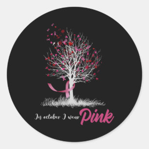 Sticker Rond En Octobre Nous Portons Pink Tree Breast Cancer Aw