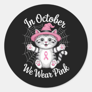 Sticker Rond En Octobre Nous Portons Rose Cute Chat Cancer Du S