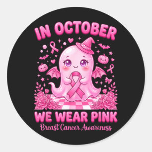 Sticker Rond En Octobre Portez en Rose Sorcière Fantôme Cancer