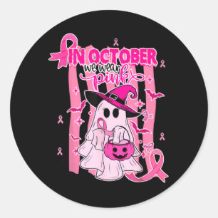 Sticker Rond En Octobre Portez un Fantôme Rose Sorcière Cancer 