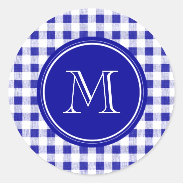 Sticker Rond En vichy bleu marine et blanc, votre monogramme (Devant)