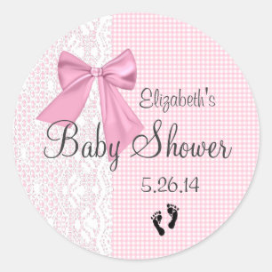 Sticker Rond En vichy Bow rose et Baby shower dentelle Favorise