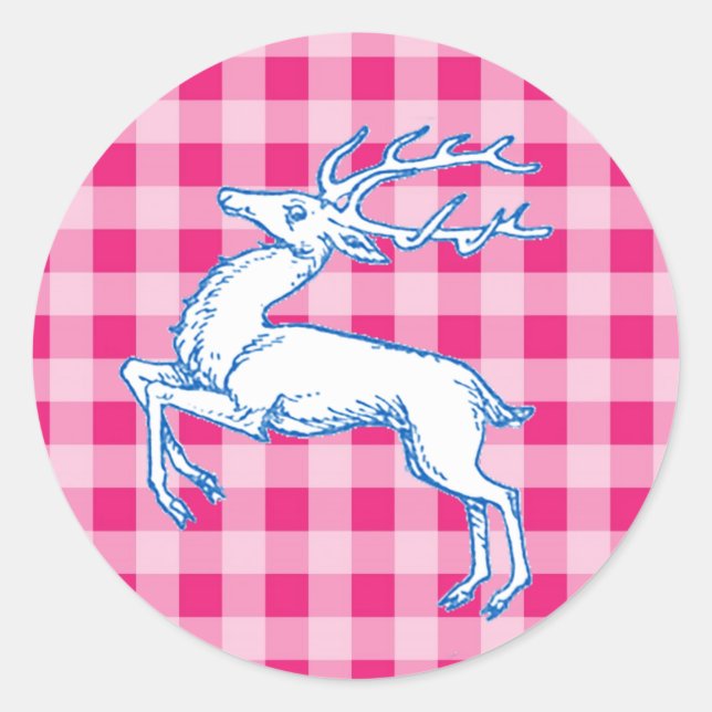 Sticker Rond En vichy rose renne bleu (Devant)
