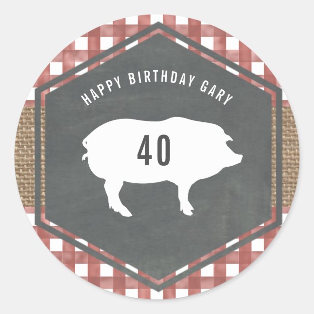 Sticker Rond En vichy rouge Cochon Burlap Anniversaire Bbq (Devant)