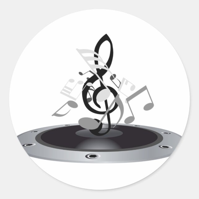 Sticker Rond Enceinte à notes de musique noires et argentées (Devant)