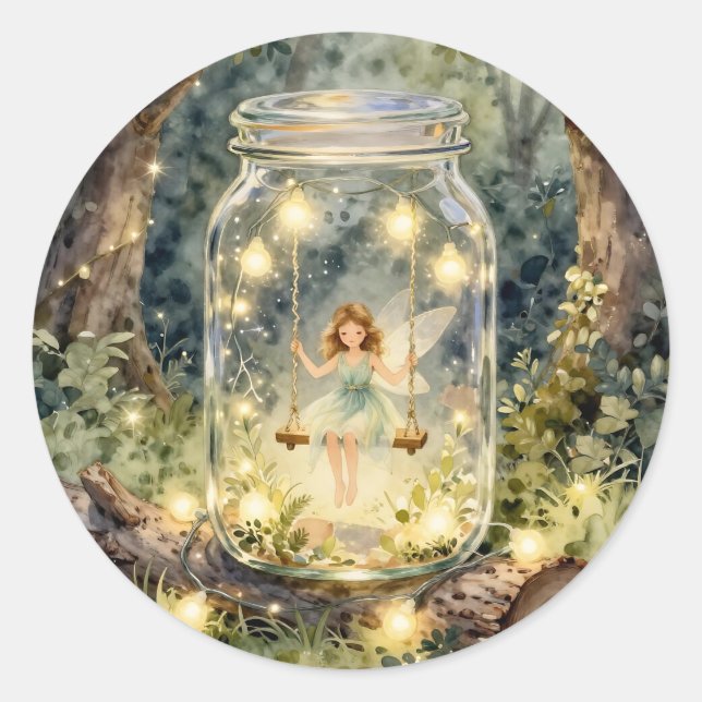 Sticker Rond Enchanted Fairy in a Mason Jar n a Magical Forest (Devant)