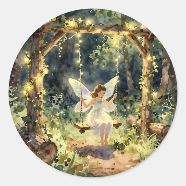 Sticker Rond Enchanted Fairy on a Swing in a Magical Forest (Devant)
