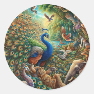 Sticker Rond 🦚 ✨ Enchanter concert de paon dans la jungle 🎨 �