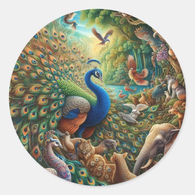 Sticker Rond 🦚 ✨ Enchanter concert de paon dans la jungle 🎨 � (Devant)