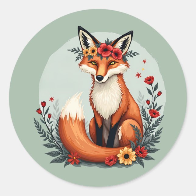 Sticker Rond Enchanter Floral Fox Woodland Folk Art (Devant)