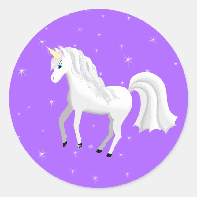Sticker Rond Enchanter Unicorne sur violet Arrière - plan et ét (Devant)