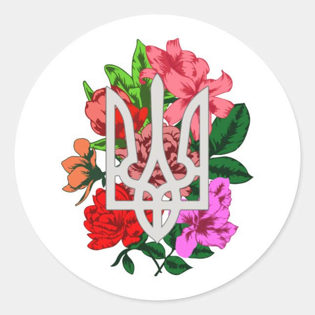 Sticker Rond Encore botanique et trident ukrainien tryzub (Devant)