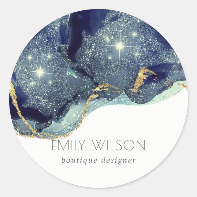 Sticker Rond Encre d'alcool Abstraite Parties scintillant bleue (Devant)