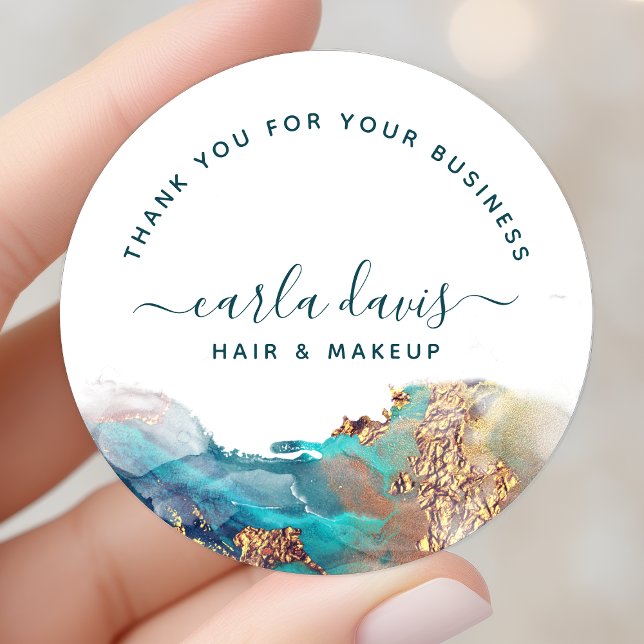 Sticker Rond Encre D'Aquarelle Liquide D'Art Moderne Bleu Et Or (Créateur téléchargé)