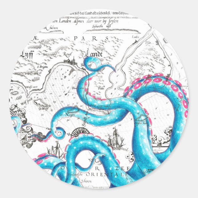 Sticker Rond Encre de Tentacles bleu rose (Devant)