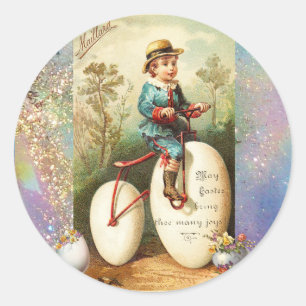 STICKER ROND ENFANT AVEC ŒUF DE PÂQUES VÉLO ET FLEURS COLORÉES