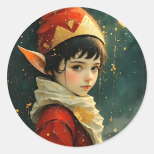 Sticker Rond Enfant Elfe en tenue de Noël vintage