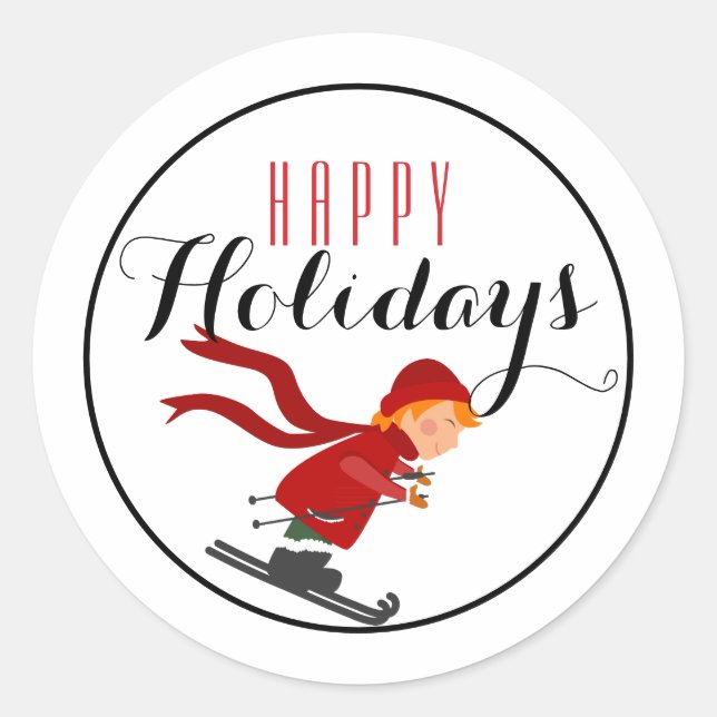 Sticker Rond Enfant en Red Skier Joyeux Vacances / Blanc (Devant)