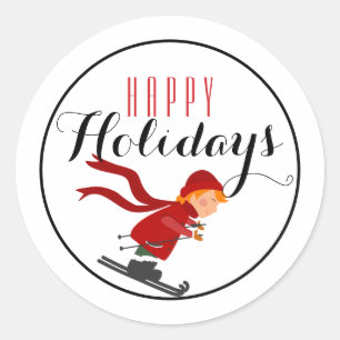 Sticker Rond Enfant en Red Skier Joyeux Vacances / Blanc