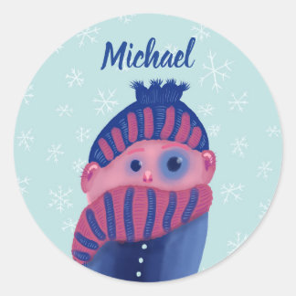 Sticker Rond Enfant Gel Avec Casquette Et Écharpe En Nom D'Hive