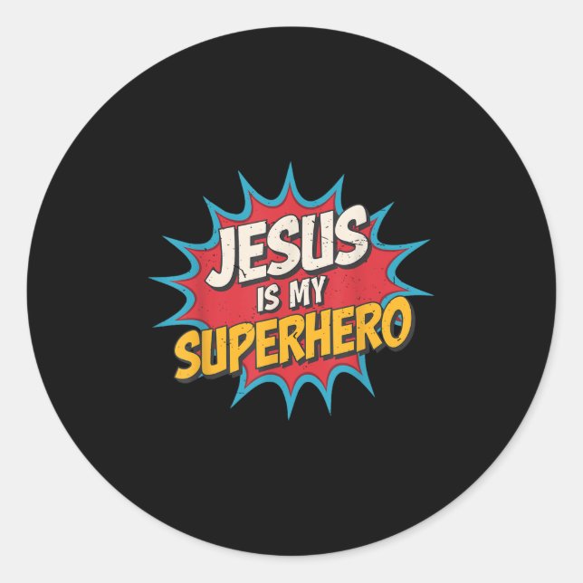 Sticker Rond Enfant Jésus Est Mon Superhéros Chrétien Dieu Fils (Devant)