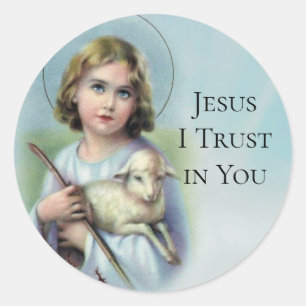 Sticker Rond Enfant Jésus vintage tenant un agneau