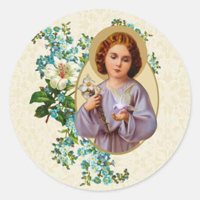 Sticker Rond Enfant religieux Jésus Fleurs de colombe (Devant)