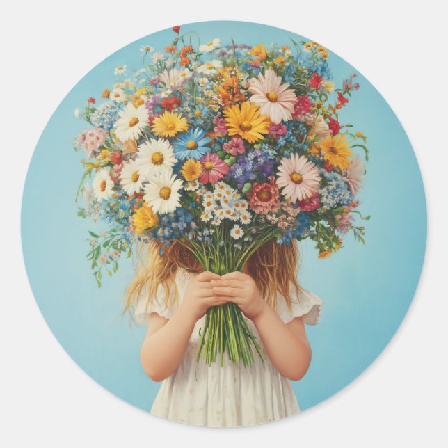 Sticker Rond Enfant tenant un bouquet Fleur sauvage luxuriant (Devant)