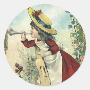Sticker Rond Enfant victorienne vintage, fille soufflant dans u