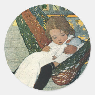 Sticker Rond Enfant Vintage avec une poupée par Jessie Willcox 