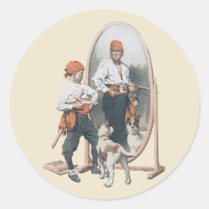 Sticker Rond Enfant Vintage, Garçon Pirate, Chien, Miroir, Bouc