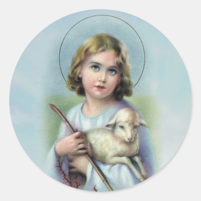 Sticker Rond Enfant vintage Jésus avec agneau (Devant)